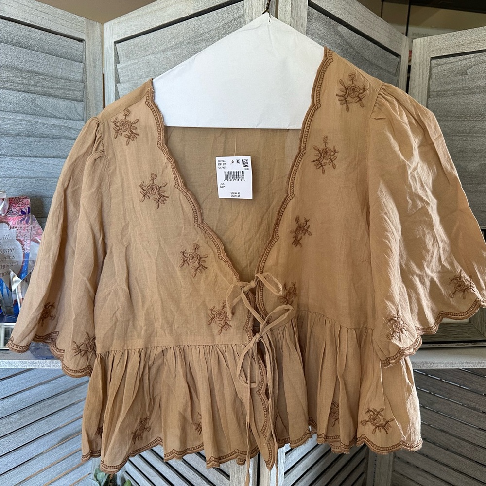 American Eagle Outfitters Tan Embroidered Blouse